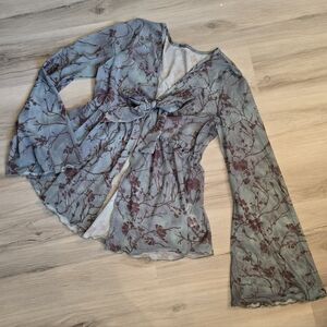 SHEIN Sheer Floral Blouse - Teal and Maroon